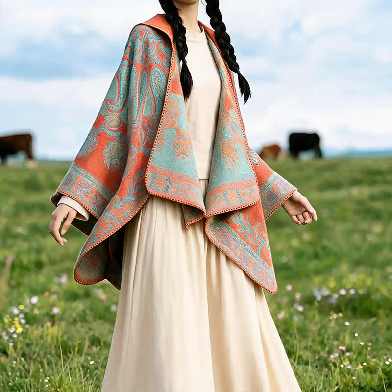 Buddha Stones Poncho style bohème à capuche, motif cachemire géométrique, automne-hiver - image 1