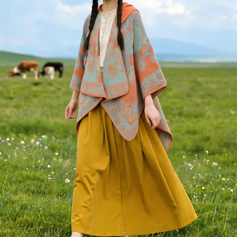 Buddha Stones Poncho style bohème à capuche, motif cachemire géométrique, automne-hiver - image 2