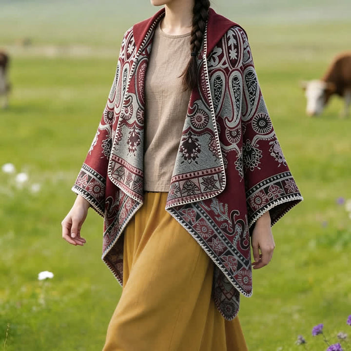 Buddha Stones Poncho style bohème à capuche, motif cachemire géométrique, automne-hiver - image 19