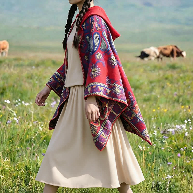 Buddha Stones Poncho style bohème à capuche, motif cachemire géométrique, automne-hiver - image 14