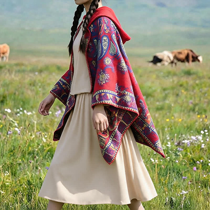 Buddha Stones Poncho style bohème à capuche, motif cachemire géométrique, automne-hiver - image 14