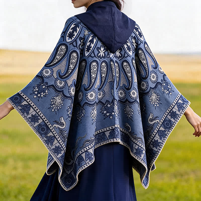 Buddha Stones Poncho style bohème à capuche, motif cachemire géométrique, automne-hiver - image 7