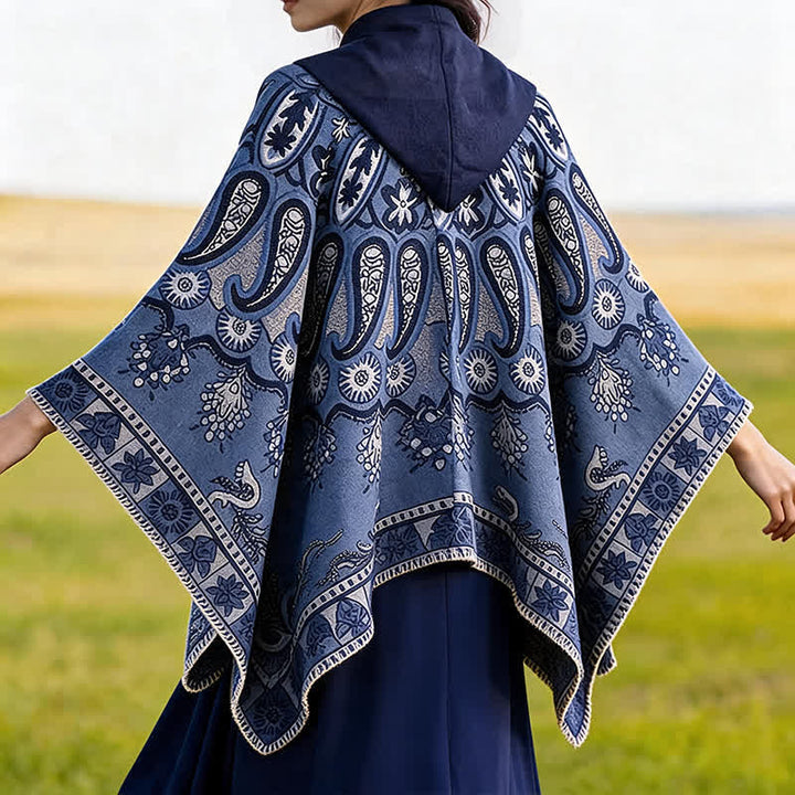 Buddha Stones Poncho style bohème à capuche, motif cachemire géométrique, automne-hiver - image 7
