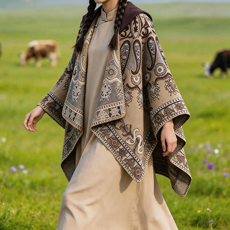 Buddha Stones Poncho style bohème à capuche, motif cachemire géométrique, automne-hiver - Terre de sienne - 130*150 cm - image 27