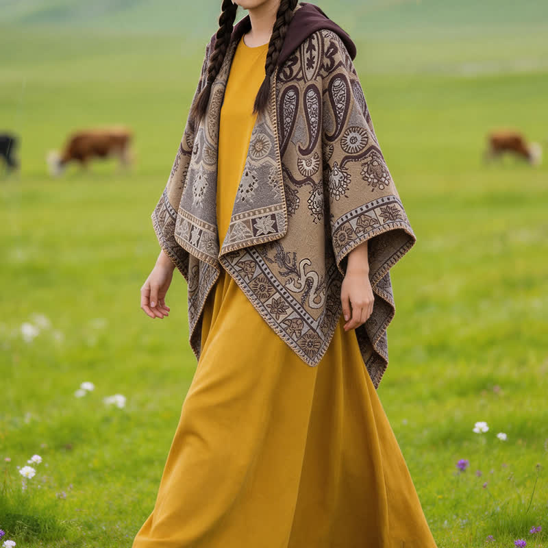 Buddha Stones Poncho style bohème à capuche, motif cachemire géométrique, automne-hiver - image 30