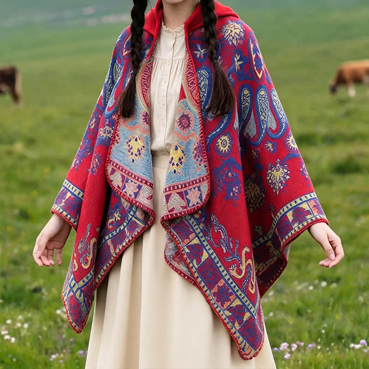 Buddha Stones Poncho style bohème à capuche, motif cachemire géométrique, automne-hiver - image 13