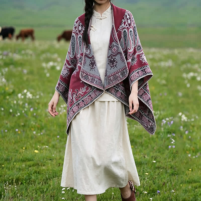 Buddha Stones Poncho style bohème à capuche, motif cachemire géométrique, automne-hiver - image 20