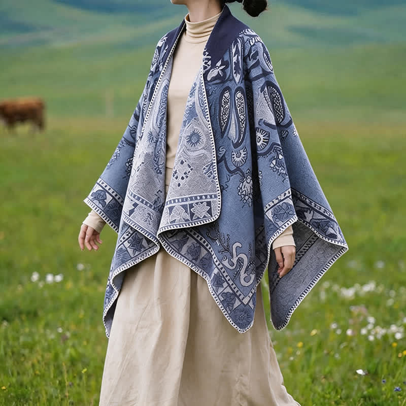 Buddha Stones Poncho style bohème à capuche, motif cachemire géométrique, automne-hiver - image 5