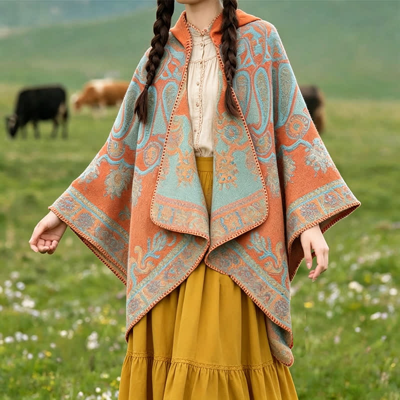 Buddha Stones Poncho style bohème à capuche, motif cachemire géométrique, automne-hiver - Orange - 130*150 cm - image 0