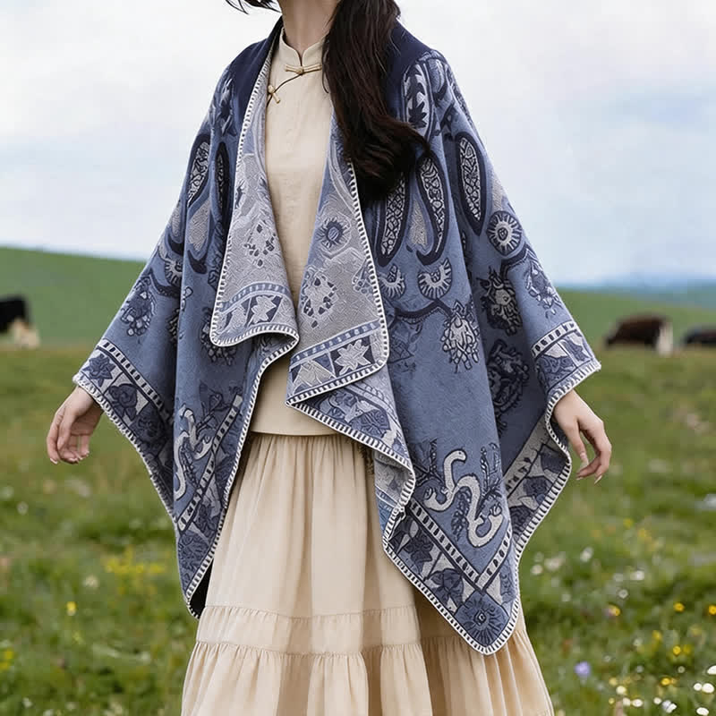 Buddha Stones Poncho style bohème à capuche, motif cachemire géométrique, automne-hiver - image 6