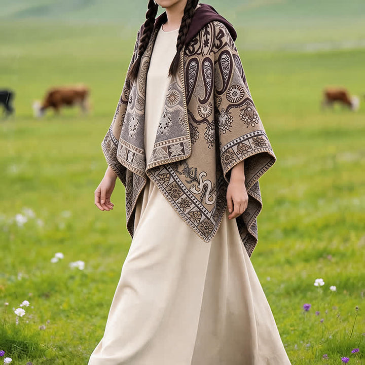 Buddha Stones Poncho style bohème à capuche, motif cachemire géométrique, automne-hiver - image 31