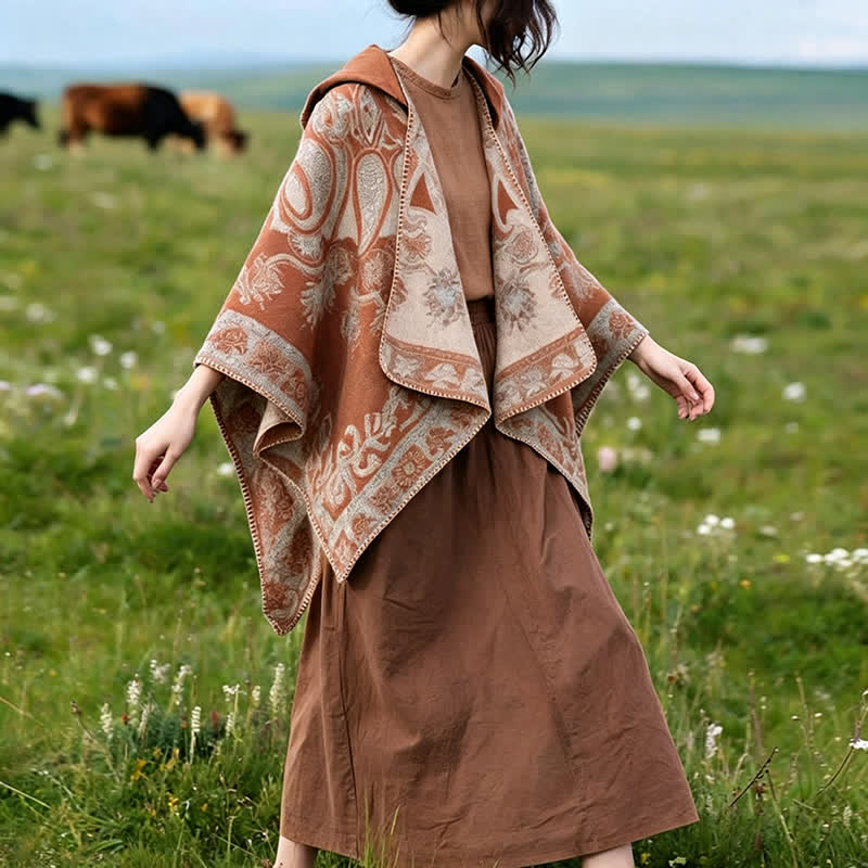 Buddha Stones Poncho style bohème à capuche, motif cachemire géométrique, automne-hiver - image 24