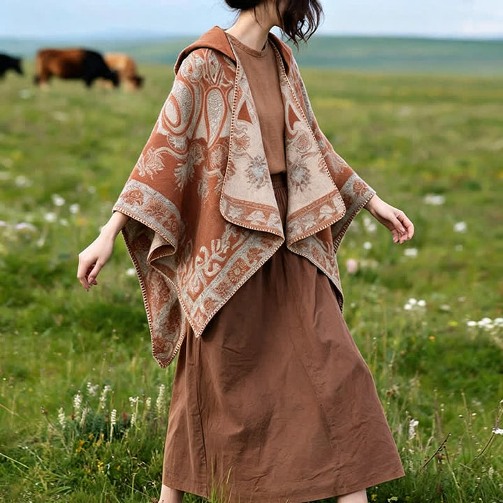 Buddha Stones Poncho style bohème à capuche, motif cachemire géométrique, automne-hiver - image 24
