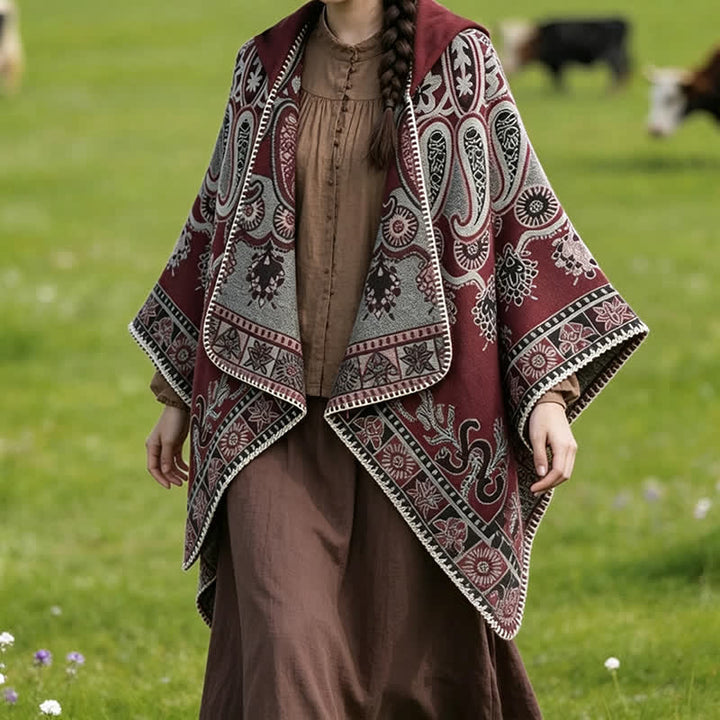 Buddha Stones Poncho style bohème à capuche, motif cachemire géométrique, automne-hiver - image 18