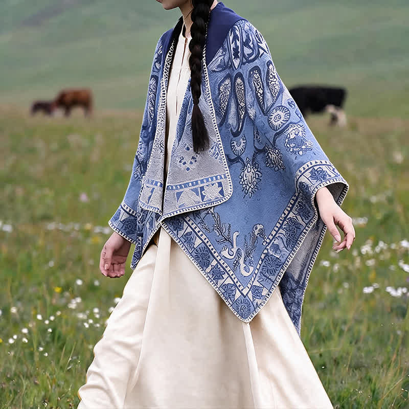 Buddha Stones Poncho style bohème à capuche, motif cachemire géométrique, automne-hiver - image 8