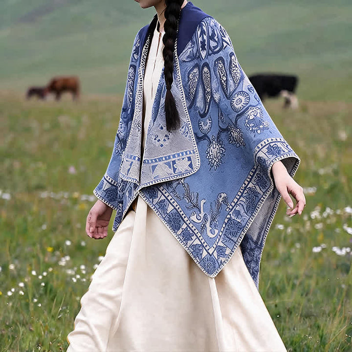 Buddha Stones Poncho style bohème à capuche, motif cachemire géométrique, automne-hiver - image 8
