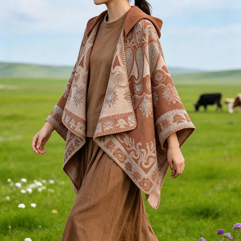 Buddha Stones Poncho style bohème à capuche, motif cachemire géométrique, automne-hiver - image 23