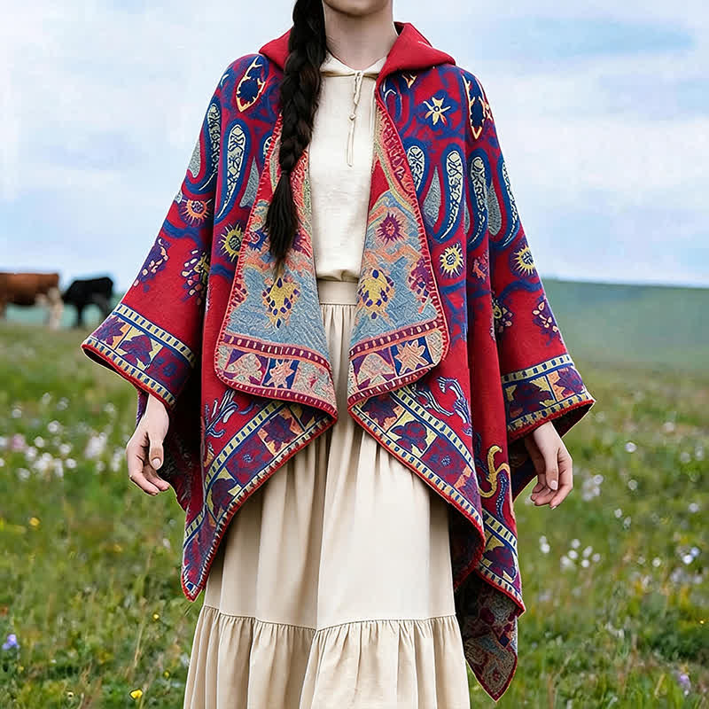 Buddha Stones Poncho style bohème à capuche, motif cachemire géométrique, automne-hiver - Cramoisi - 130*150 cm - image 12
