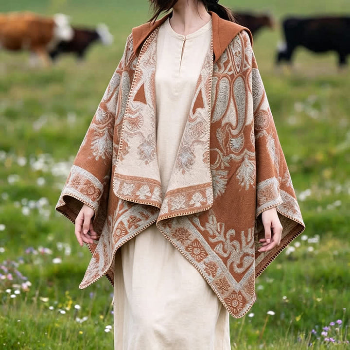 Buddha Stones Poncho style bohème à capuche, motif cachemire géométrique, automne-hiver - SandyBrown - 130*150 cm - image 22