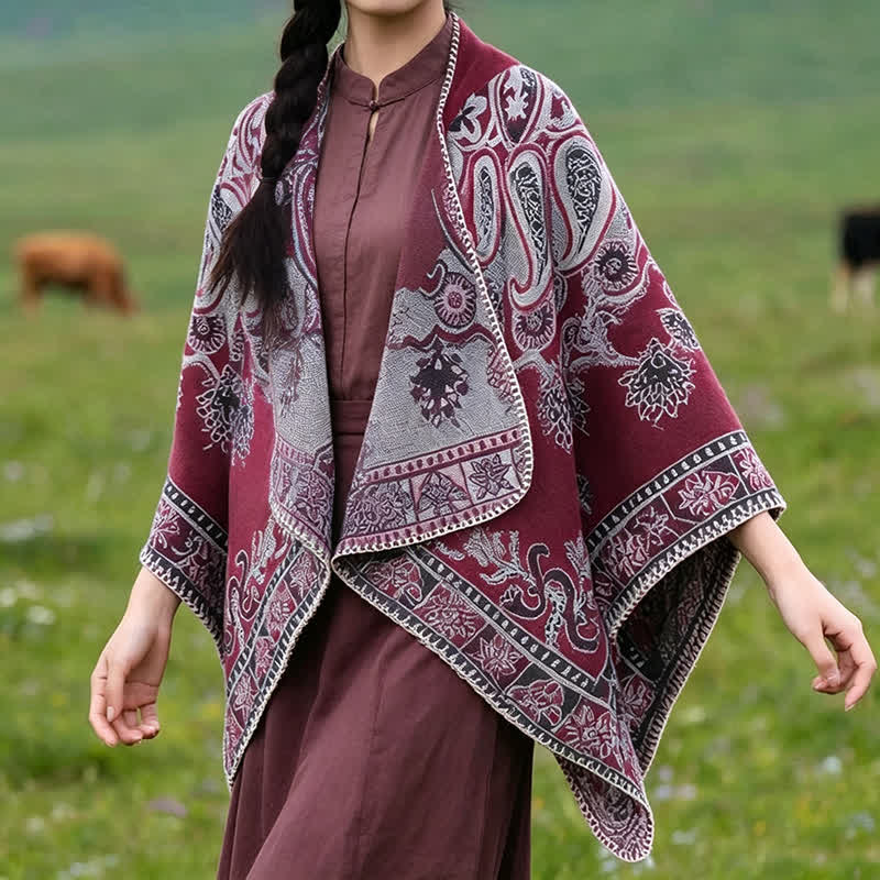 Buddha Stones Poncho style bohème à capuche, motif cachemire géométrique, automne-hiver - Bourgogne - 130*150 cm - image 17