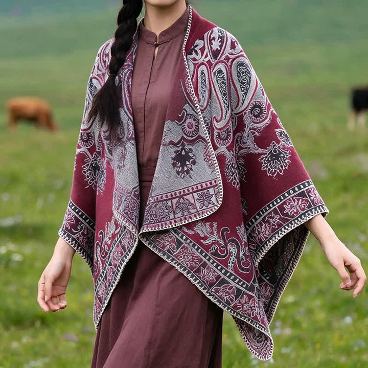 Buddha Stones Poncho style bohème à capuche, motif cachemire géométrique, automne-hiver - Bourgogne - 130*150 cm - image 17