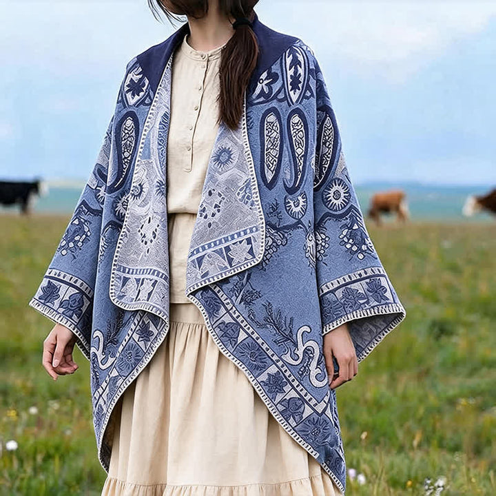 Buddha Stones Poncho style bohème à capuche, motif cachemire géométrique, automne-hiver - Bleuet - 130*150 cm - image 4