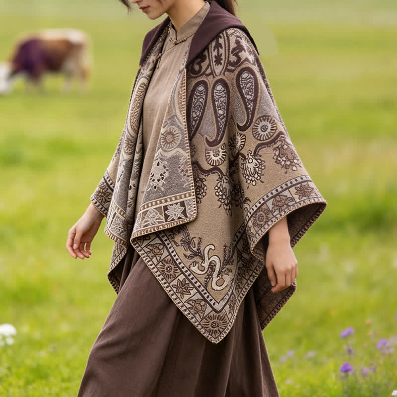 Buddha Stones Poncho style bohème à capuche, motif cachemire géométrique, automne-hiver - image 28