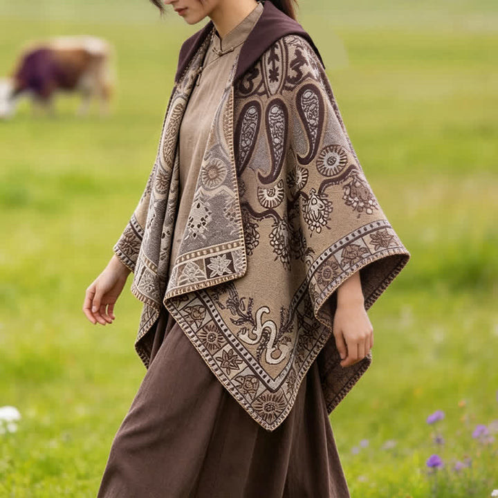 Buddha Stones Poncho style bohème à capuche, motif cachemire géométrique, automne-hiver - image 28