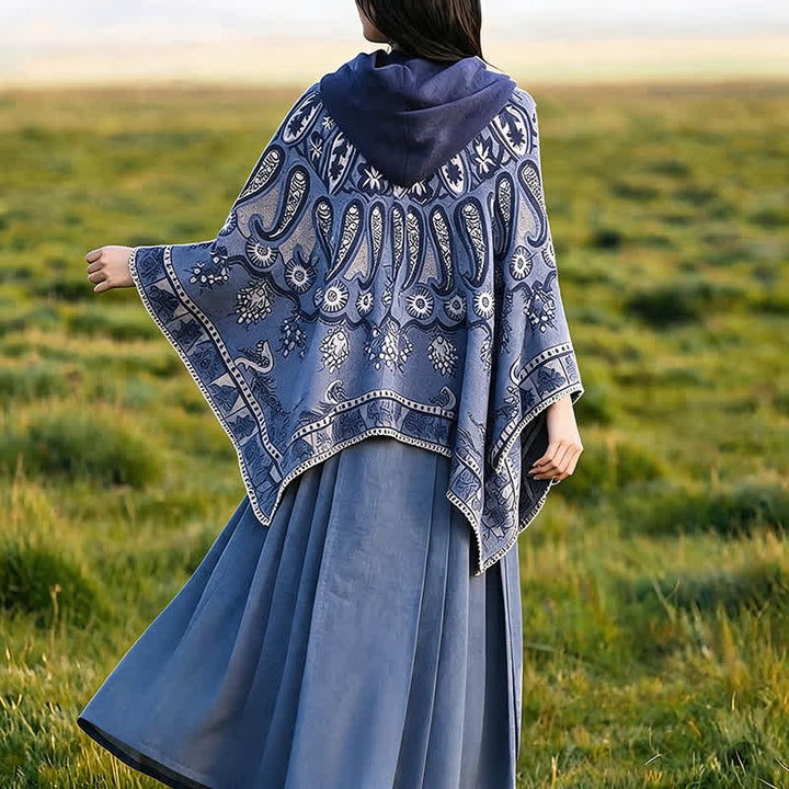 Buddha Stones Poncho style bohème à capuche, motif cachemire géométrique, automne-hiver - image 9