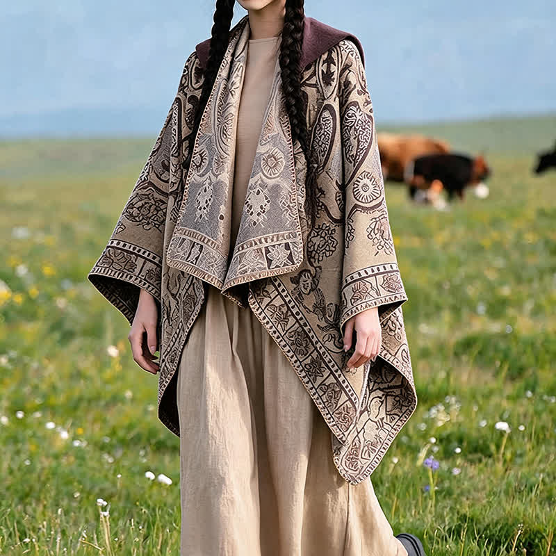 Buddha Stones Poncho style bohème à capuche, motif cachemire géométrique, automne-hiver - image 29