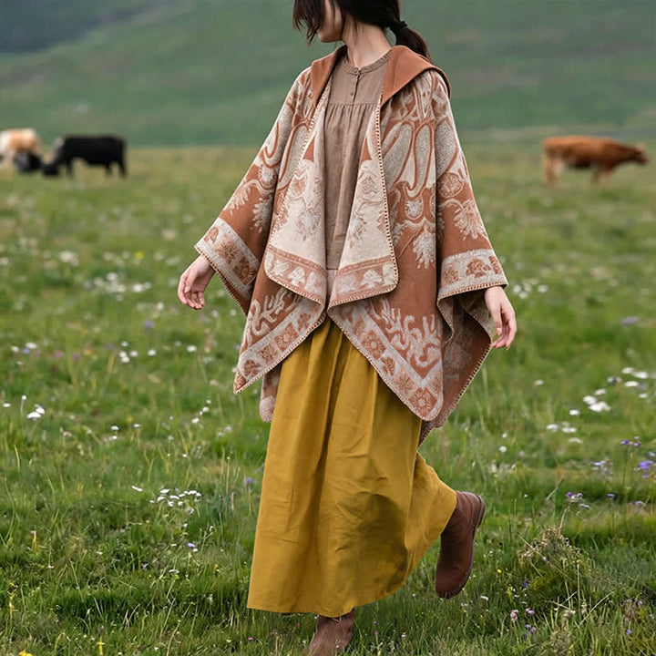 Buddha Stones Poncho style bohème à capuche, motif cachemire géométrique, automne-hiver - image 25