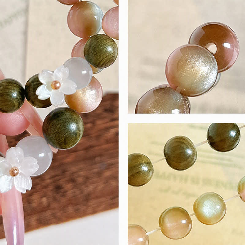 Buddha Stones Bracelet Sérénité avec breloque fleur œil-de-chat en bois de santal vert - image 12