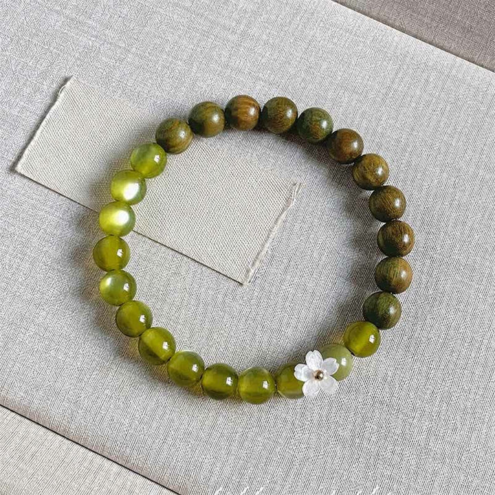 Buddha Stones Bracelet Sérénité avec breloque fleur œil-de-chat en bois de santal vert - Pierre œil-de-chat de 8 mm - image 13