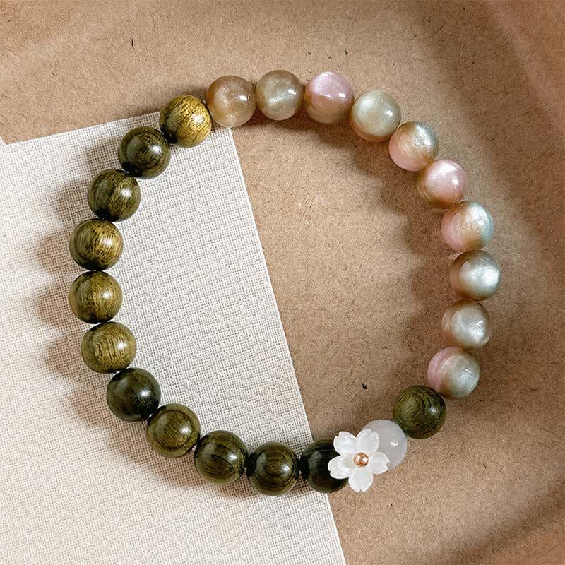 Buddha Stones Bracelet Sérénité avec breloque fleur œil-de-chat en bois de santal vert - image 2