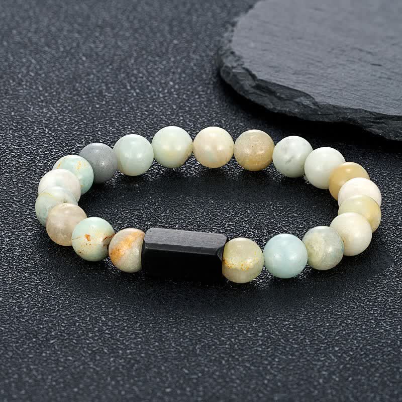 Buddha Stones Bracelet en acier titane et pierres de pierre de soleil noire - Amazonite (Vérité ♥ Communication) - 8 mm - image 4