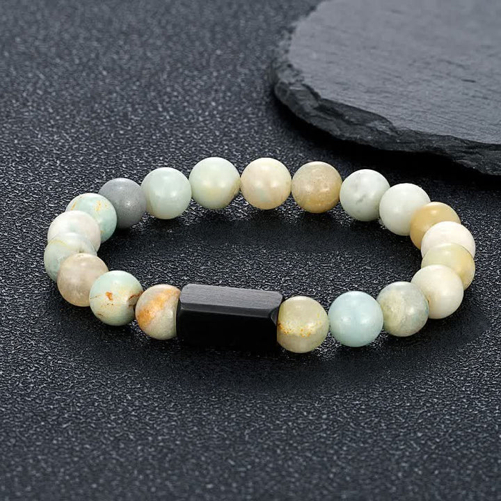 Buddha Stones Bracelet en acier titane et pierres de pierre de soleil noire - Amazonite (Vérité ♥ Communication) - 8 mm - image 4