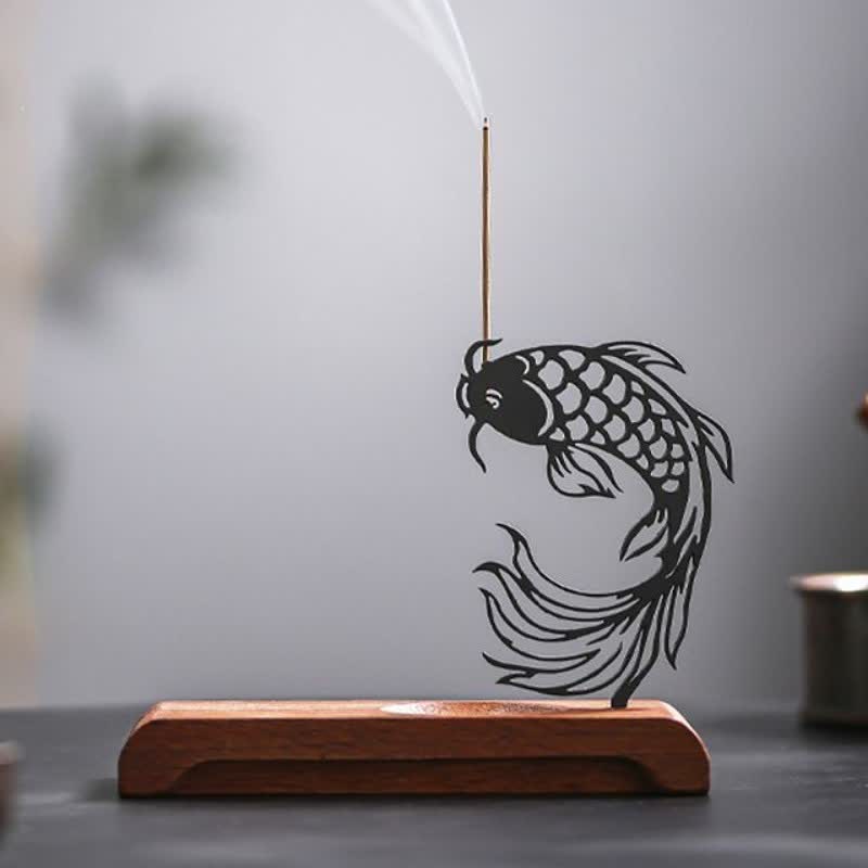 Buddha Stones Brûleur d'encens Zen Succès avec socle en bois en forme de carpe koï - Tête de carpe koï relevée, longue base - image 11