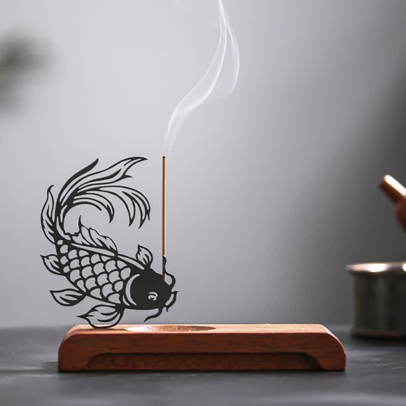Buddha Stones Brûleur d'encens Zen Succès avec socle en bois en forme de carpe koï - Poisson koi tête en bas, longue base - image 2