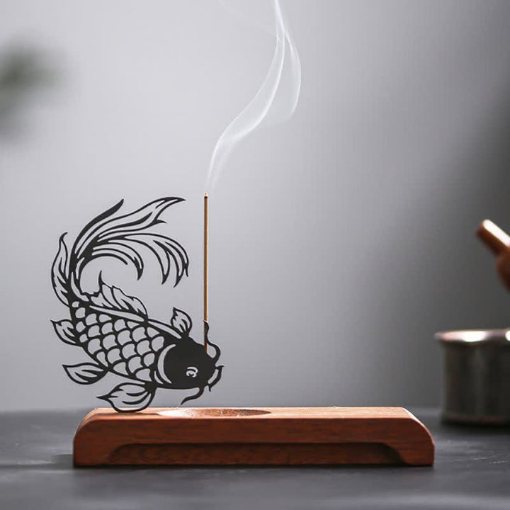 Buddha Stones Brûleur d'encens Zen Succès avec socle en bois en forme de carpe koï - Poisson koi tête en bas, longue base - image 2