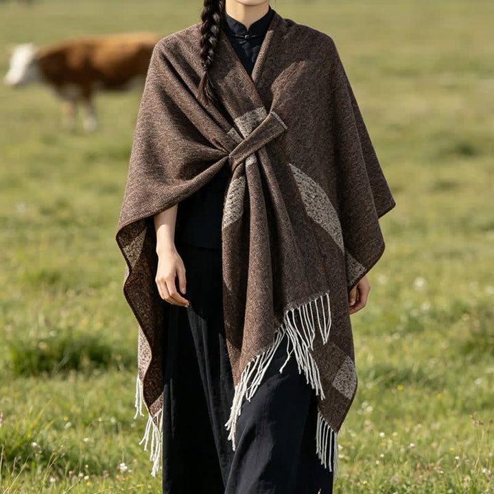 Buddha Stones Châle douillet à rayures style bohème automne-hiver, avec pompons et boucle - Terre de sienne - 130 x 150 cm - image 0