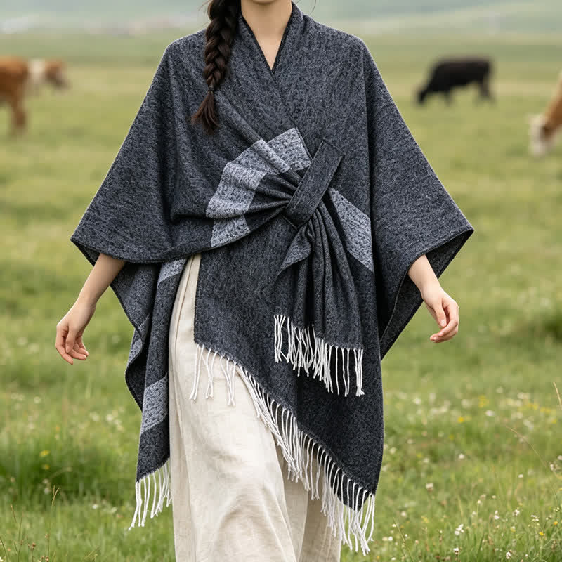 Buddha Stones Châle douillet à rayures style bohème automne-hiver, avec pompons et boucle - Gris terne - 130 x 150 cm - image 11
