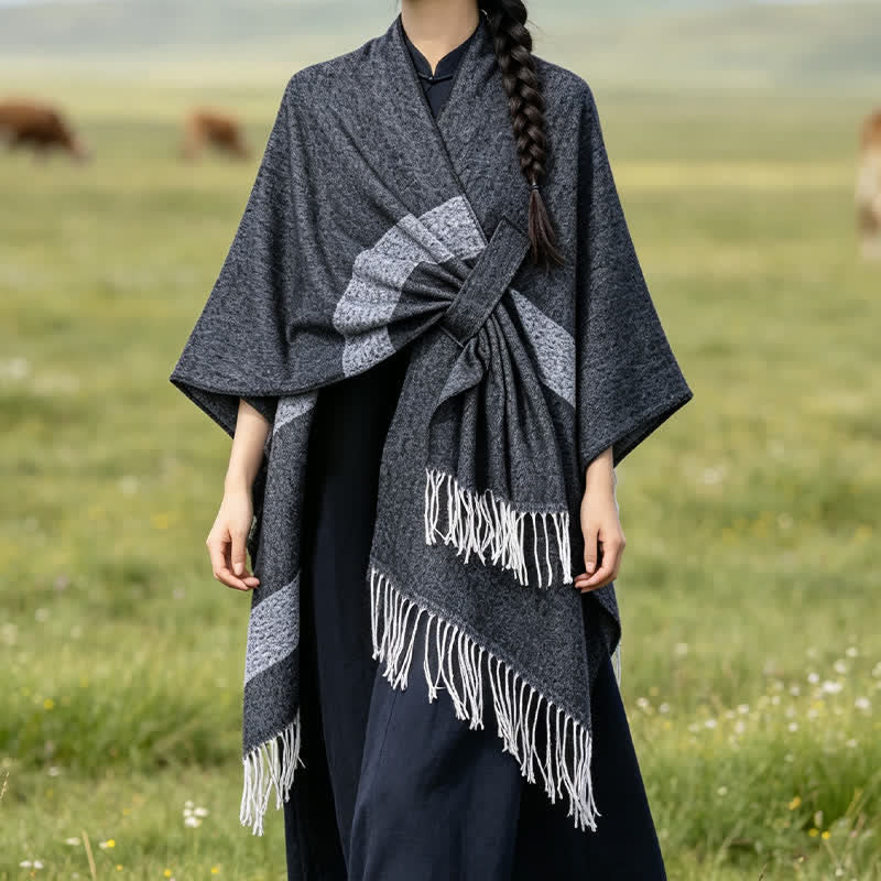 Buddha Stones Châle douillet à rayures style bohème automne-hiver, avec pompons et boucle - image 14