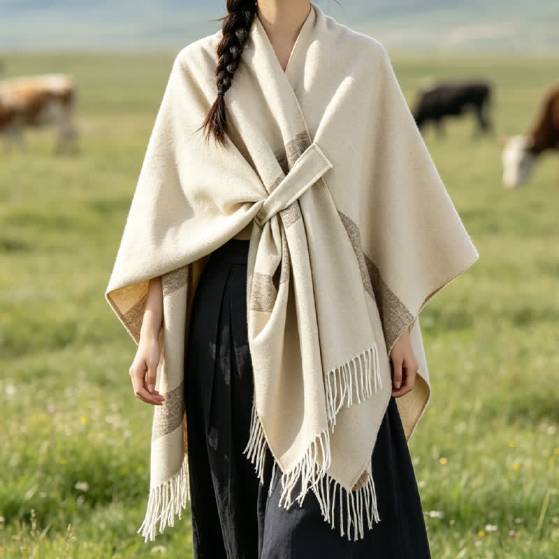 Buddha Stones Châle douillet à rayures style bohème automne-hiver, avec pompons et boucle - Beige - 130 x 150 cm - image 34