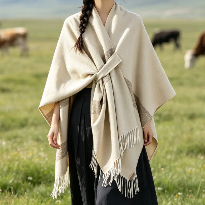 Buddha Stones Châle douillet à rayures style bohème automne-hiver, avec pompons et boucle - Beige - 130 x 150 cm - image 34