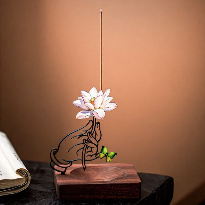 Buddha Stones Brûleur d'encens vertical en forme de papillon lotus à la main - image 1