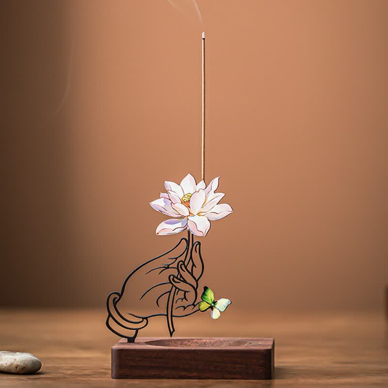 Buddha Stones Brûleur d'encens vertical en forme de papillon lotus à la main - Rose - image 0