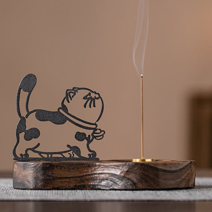 Buddha Stones Lampadaire vintage Iron Cat, socle en bois, brûleur d'encens de méditation - Vue de profil du chat - image 0