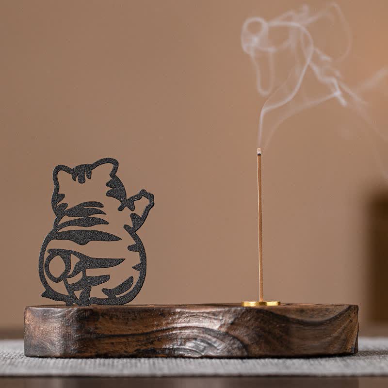 Buddha Stones Lampadaire vintage Iron Cat, socle en bois, brûleur d'encens de méditation - Le dos du chat - image 1