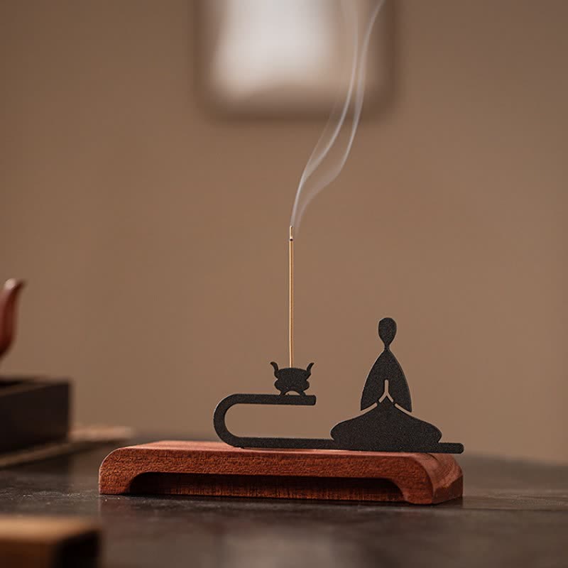 Buddha Stones Brûleur d'encens de méditation Zen Monk en bois naturel et fer - image 4