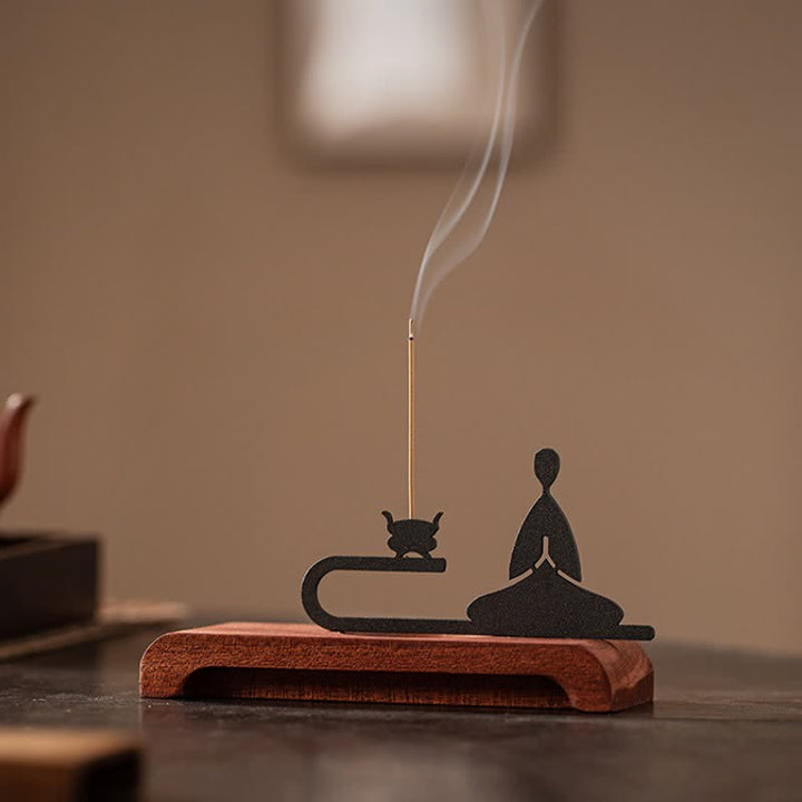 Buddha Stones Brûleur d'encens de méditation Zen Monk en bois naturel et fer - image 4